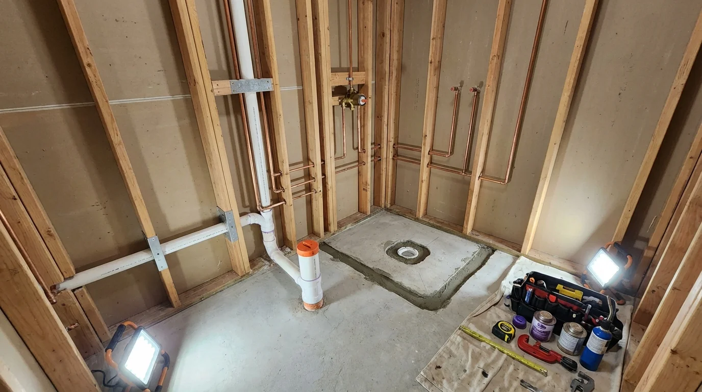 Bathroom rough-in plumbing during remodel by Johns Plumbing LLC in Placerville
