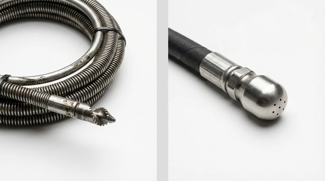 Drain snake cable and hydro jetting nozzle used for drain cleaning in Placerville, CA