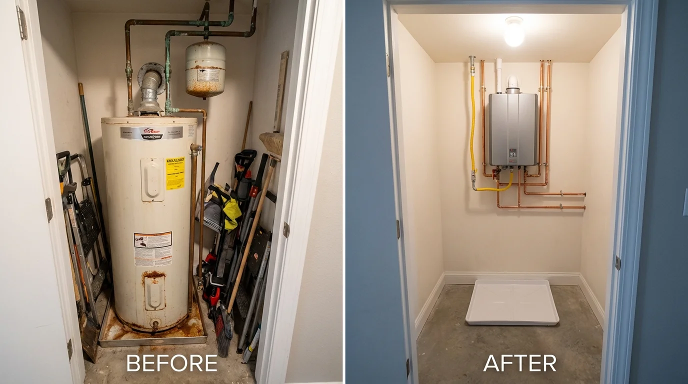 Tank water heater versus wall-mounted tankless unit comparison for Placerville, CA homeowners