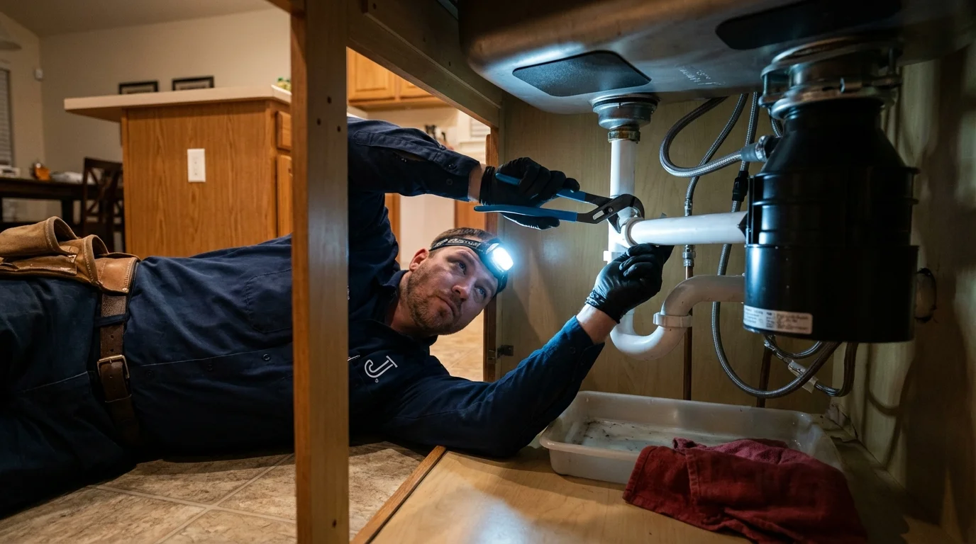 P-trap and supply line connections under a kitchen sink showing a common leak point in Placerville, CA